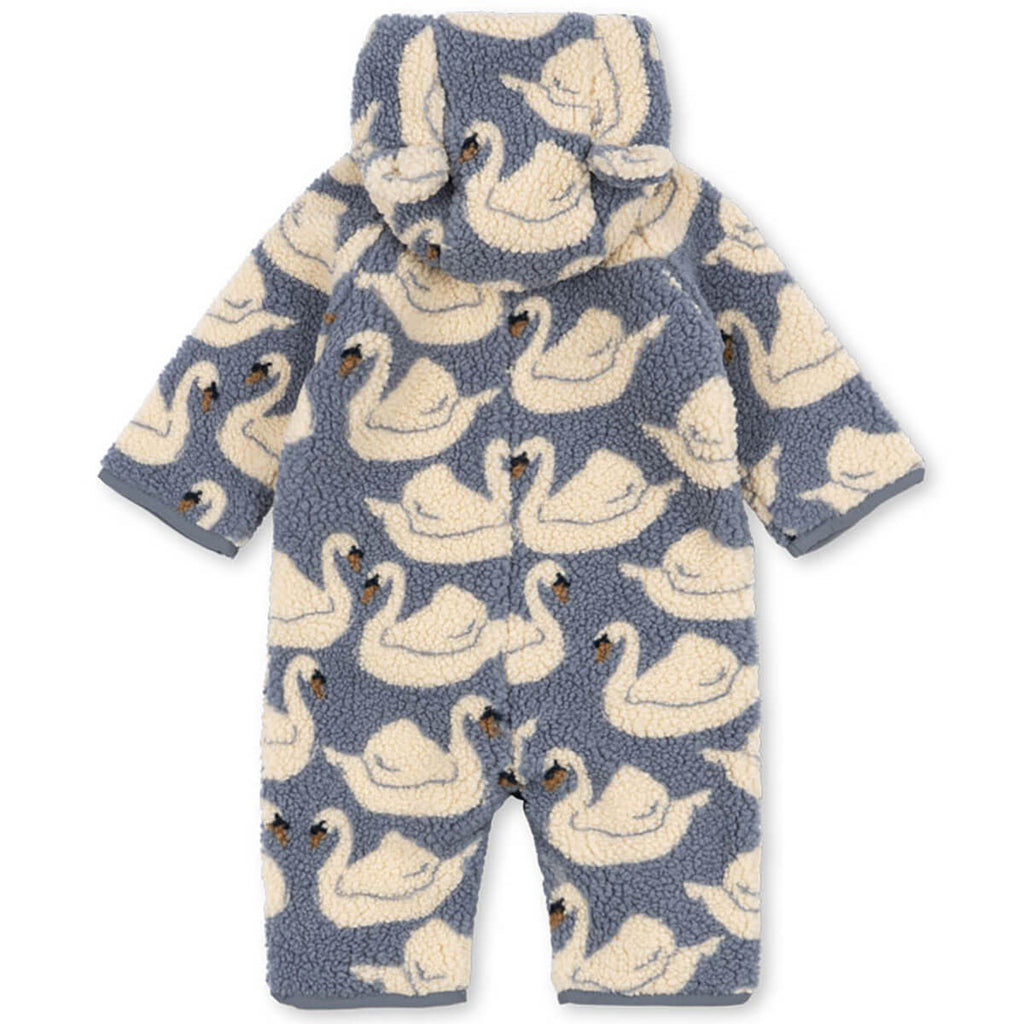 Grenouillère douillette à capuche en molleton recyclé imprimé cygne blanc avec fermeture éclair intégrale et doublure en coton pour bébés