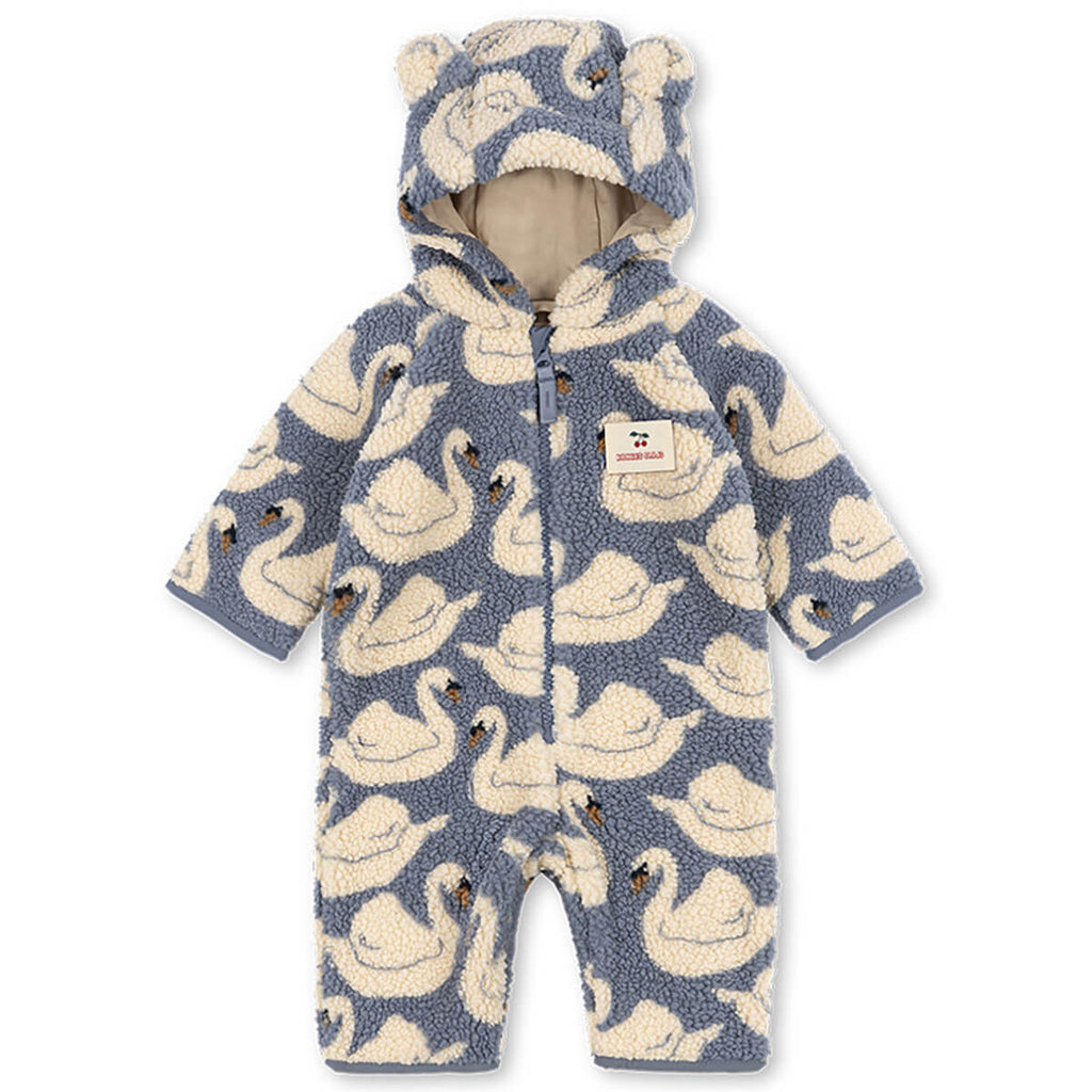 Grenouillère douillette à capuche en molleton recyclé imprimé cygne blanc avec fermeture éclair intégrale et doublure en coton pour bébés