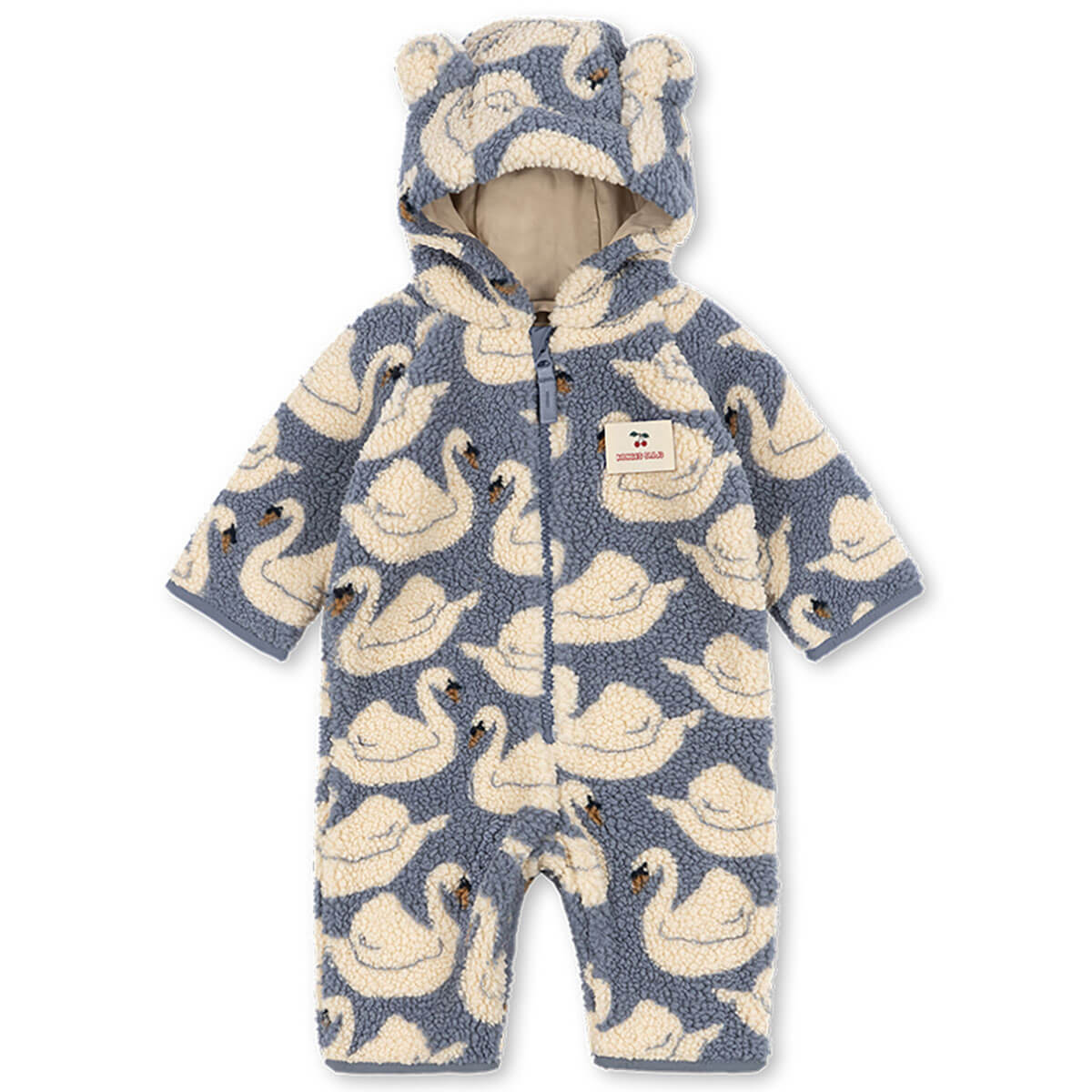 Grenouillère douillette à capuche en molleton recyclé imprimé cygne blanc avec fermeture éclair intégrale et doublure en coton pour bébés