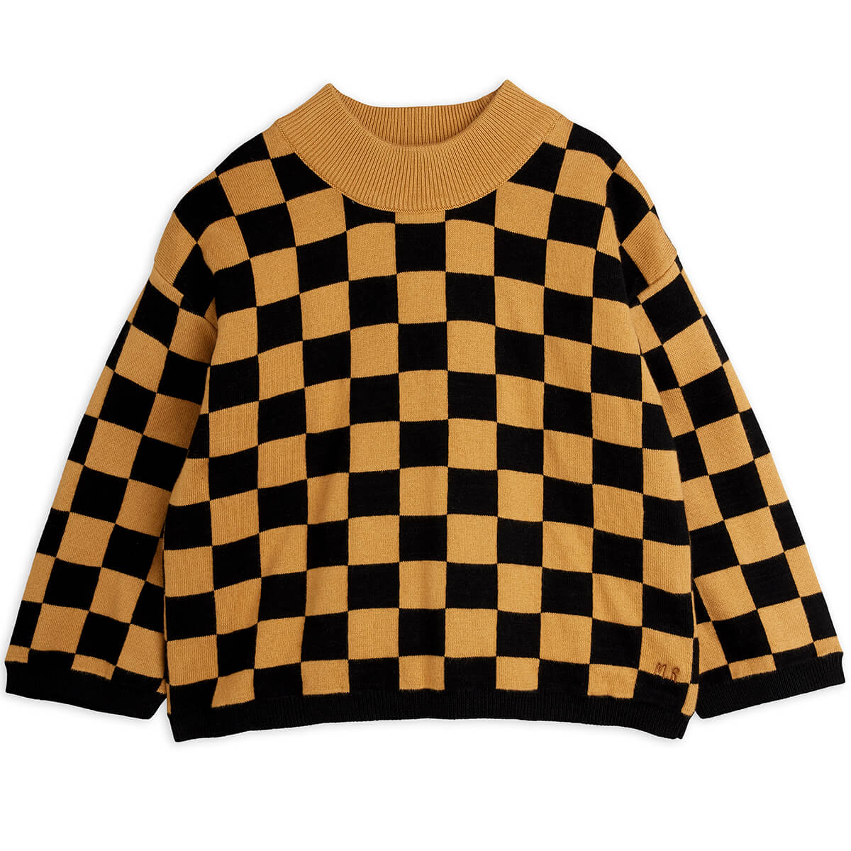 Pull en tricot en coton biologique marron vintage motif échiquier avec épaules tombantes et finitions côtelées pour enfants