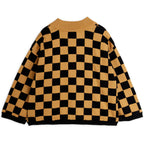 Pull en tricot en coton biologique marron vintage motif échiquier avec épaules tombantes et finitions côtelées pour enfants