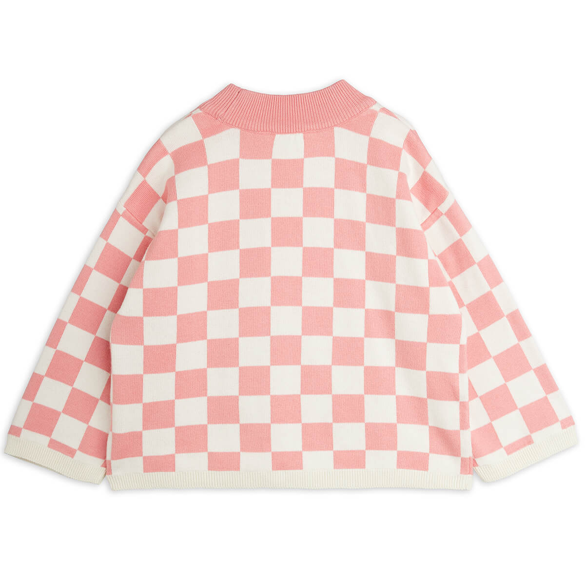 Pull tricoté en coton biologique rose vintage motif damier avec épaules tombantes et finitions côtelées pour enfant