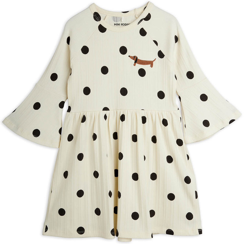 Robe enfant en coton biologique écru à pois imprimé chien avec manches trompette évasées