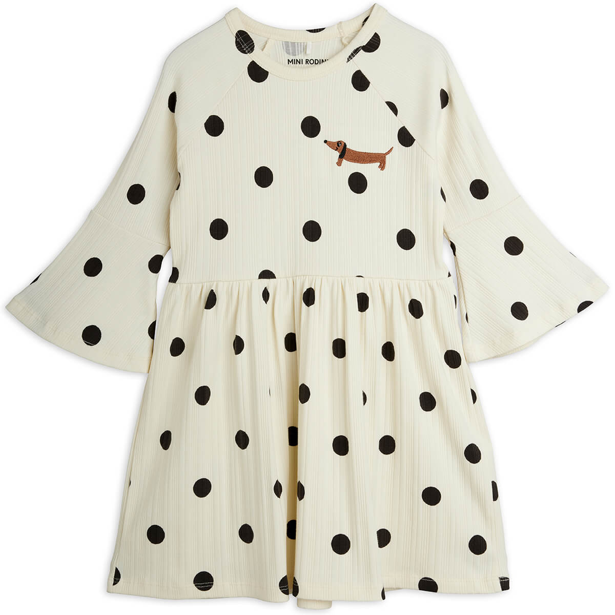 Robe enfant en coton biologique écru à pois imprimé chien avec manches trompette évasées