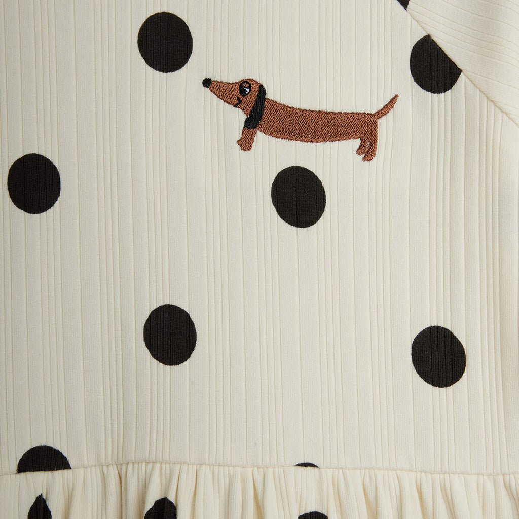 Robe enfant en coton biologique écru à pois imprimé chien avec manches trompette évasées