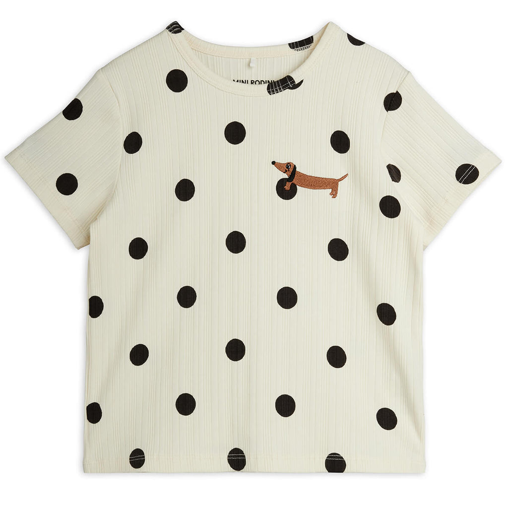 T-shirt ludique en coton stretch bio pour enfants, à imprimé chien à pois blanc cassé