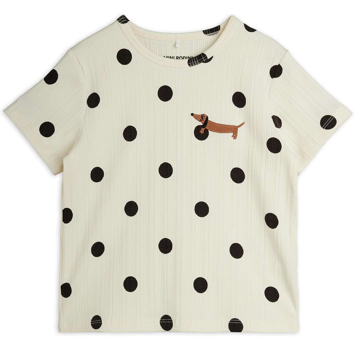 T-shirt ludique en coton stretch bio pour enfants, à imprimé chien à pois blanc cassé