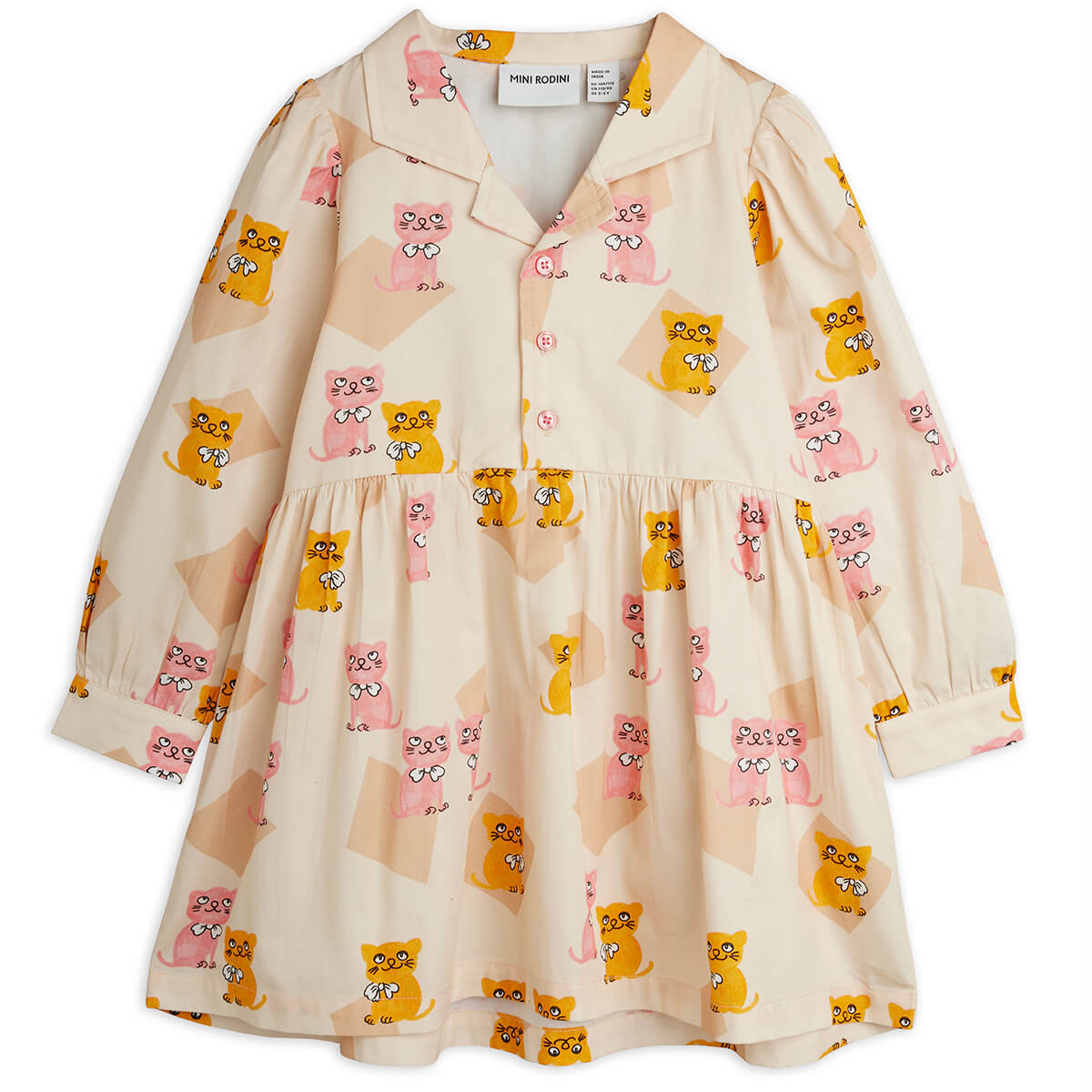 Robe Enfant en Coton Biologique Tissé à Imprimé All-Over Chatons Multicolores Vintage avec Col Pointu et Boutons sur le Devant