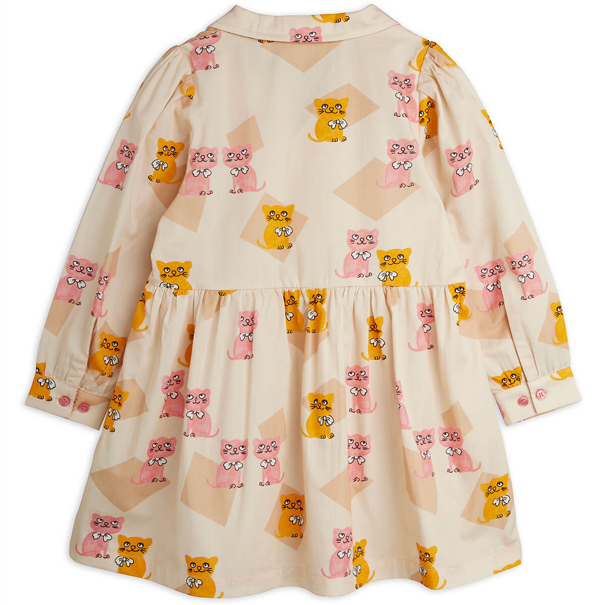 Robe Enfant en Coton Biologique Tissé à Imprimé All-Over Chatons Multicolores Vintage avec Col Pointu et Boutons sur le Devant