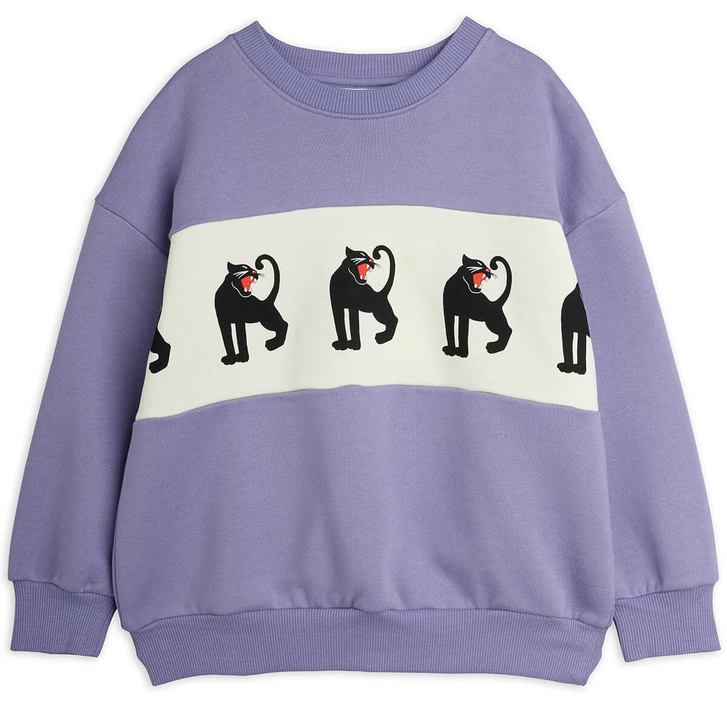 Sweat-shirt en coton biologique imprimé Panthère violette colorblock avec épaules tombantes et finitions côtelées pour enfant