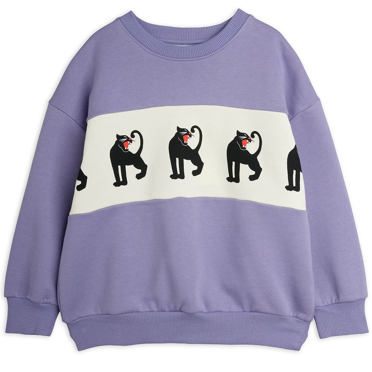 Sweat-shirt en coton biologique imprimé Panthère violette colorblock avec épaules tombantes et finitions côtelées pour enfant
