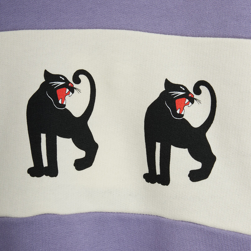Sweat-shirt en coton biologique imprimé Panthère violette colorblock avec épaules tombantes et finitions côtelées pour enfant