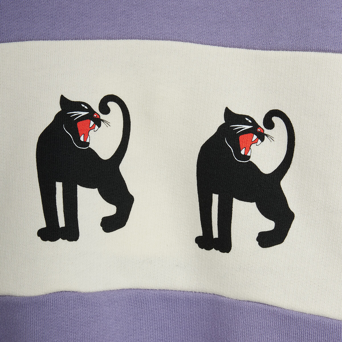 Sweat-shirt en coton biologique imprimé Panthère violette colorblock avec épaules tombantes et finitions côtelées pour enfant