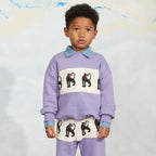 Sweat-shirt en coton biologique imprimé Panthère violette colorblock avec épaules tombantes et finitions côtelées pour enfant