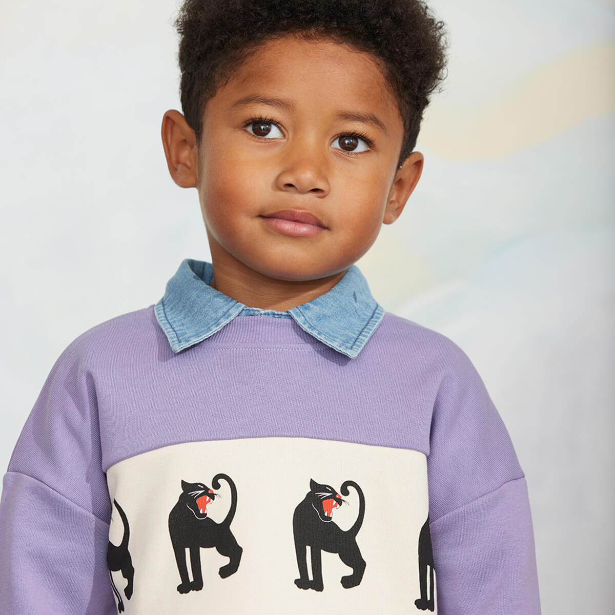Sweat-shirt en coton biologique imprimé Panthère violette colorblock avec épaules tombantes et finitions côtelées pour enfant