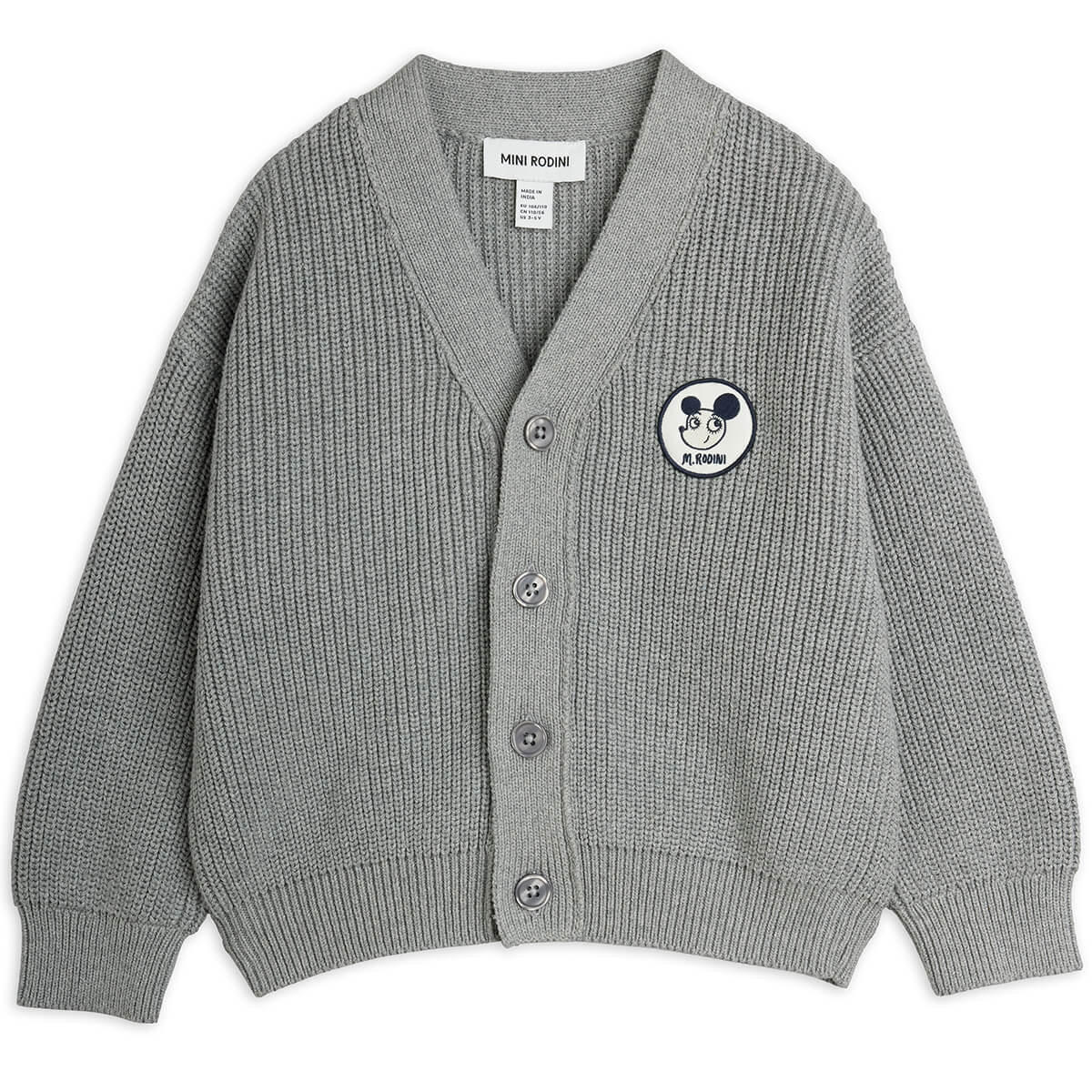 Gilet en maille en coton biologique imprimé de patchs gris confortable avec boutonnière sur le devant et bords-côtes pour enfants