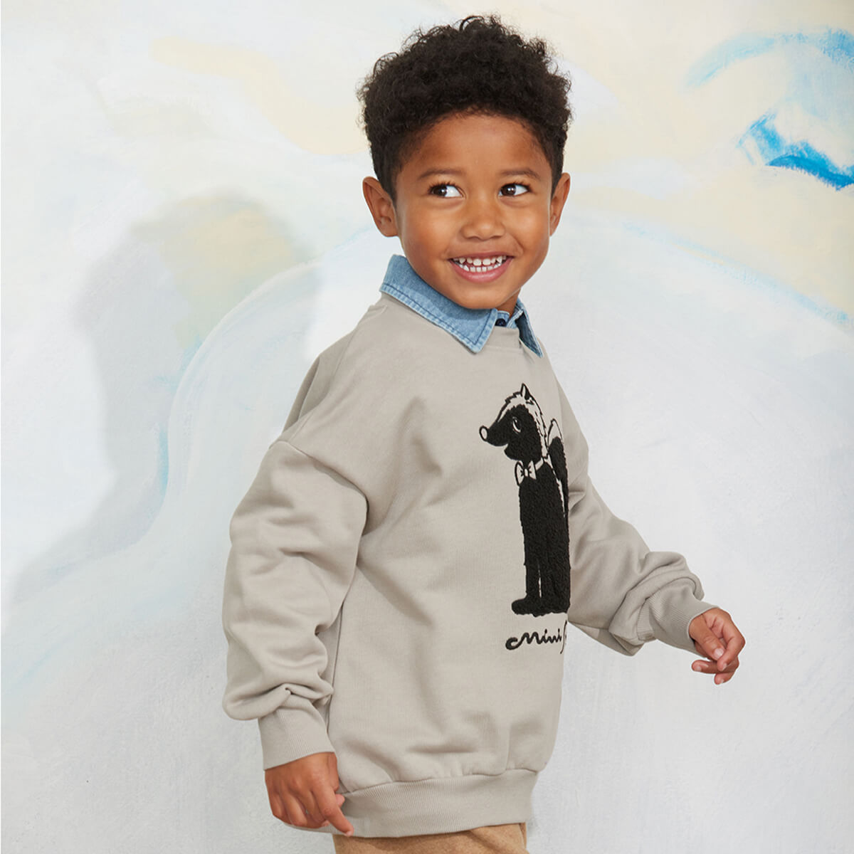 Sweat-shirt décontracté en coton biologique gris chenille avec motifs, poignets et ourlets côtelés pour enfants