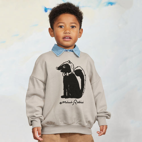 Sweat-shirt décontracté en coton biologique gris chenille avec motifs, poignets et ourlets côtelés pour enfants