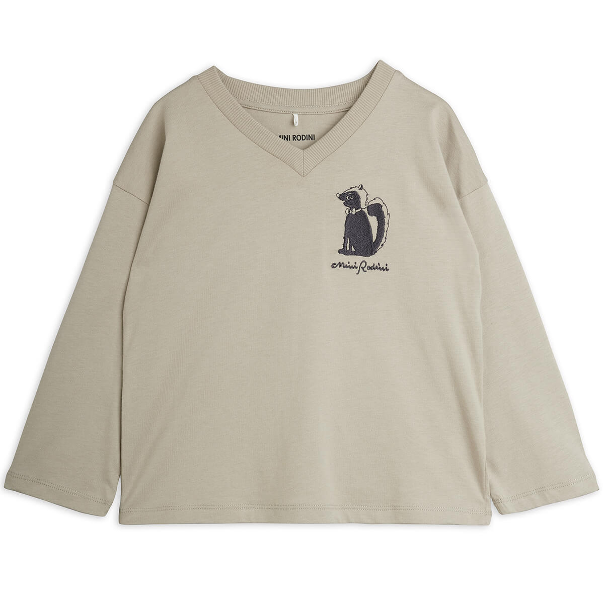 T-shirt décontracté en coton biologique gris brodé à épaules tombantes et manches longues pour le quotidien