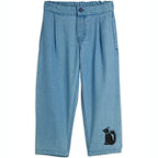 Pantalon en jean décontracté en coton biologique bleu imprimé avec taille élastique et fermeture boutonnée pour enfants