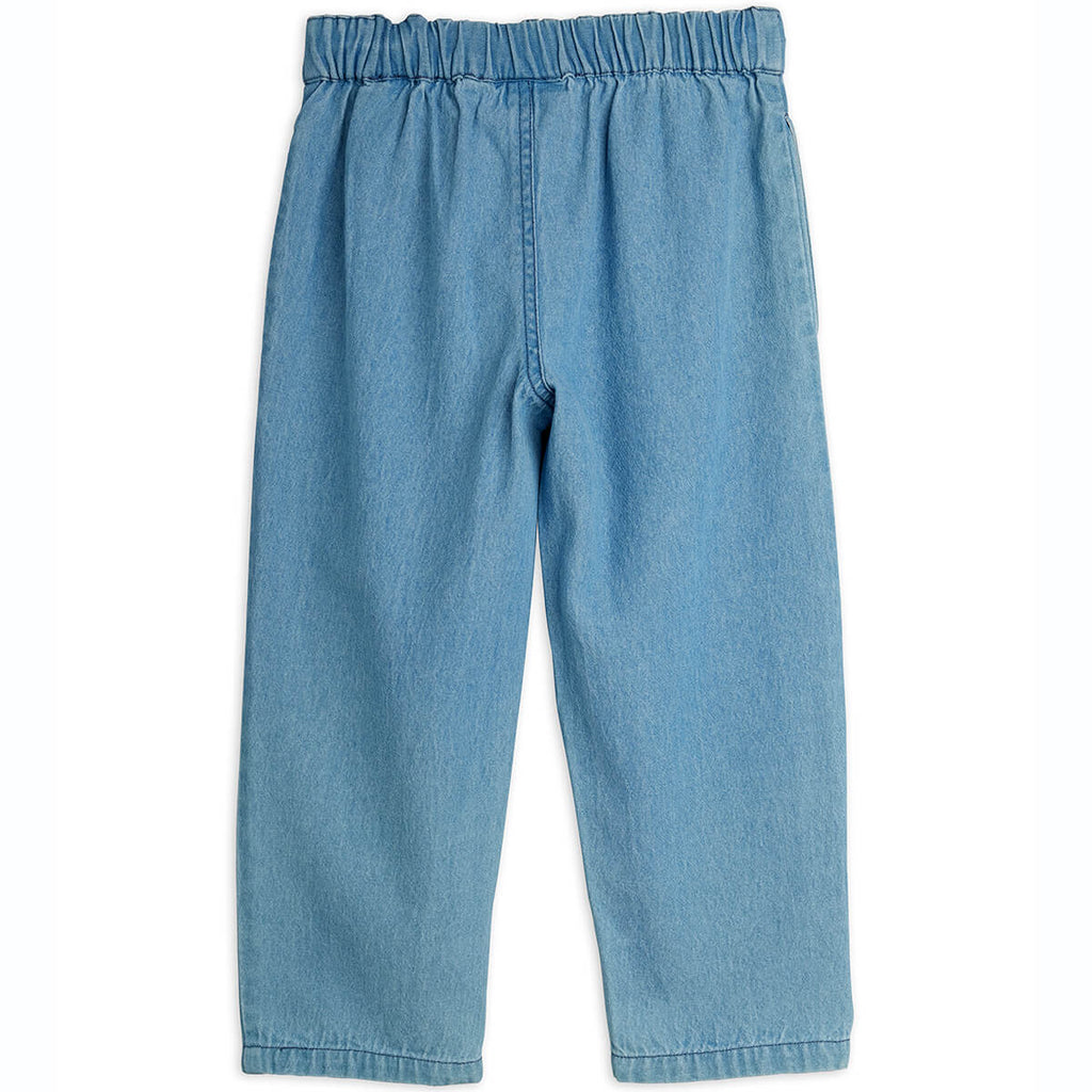 Pantalon en jean décontracté en coton biologique bleu imprimé avec taille élastique et fermeture boutonnée pour enfants
