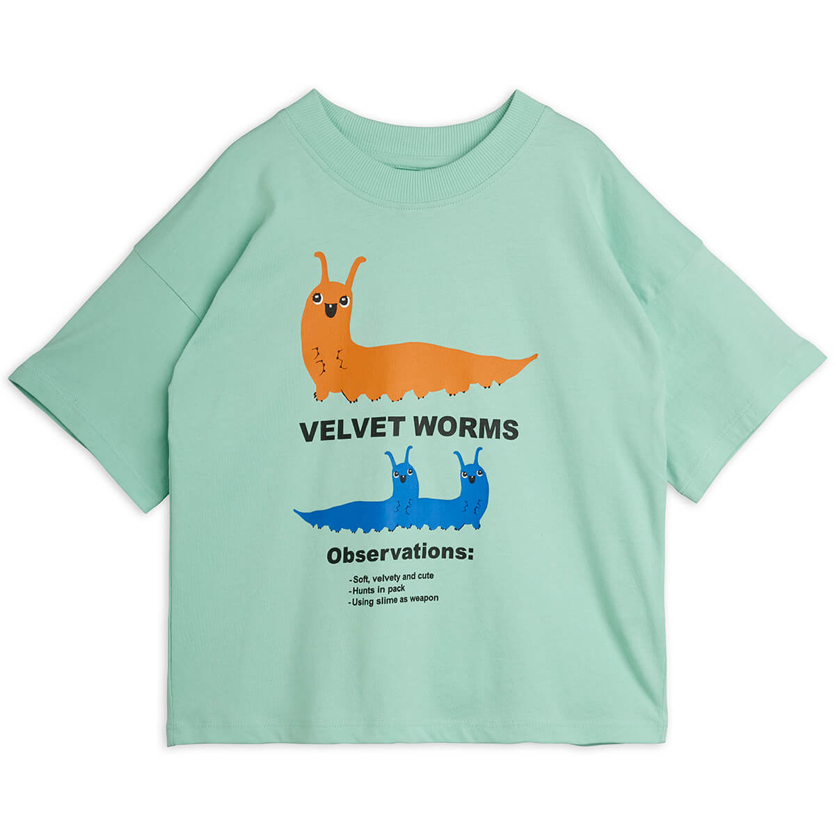 T-shirt minimaliste en coton biologique vert avec épaules tombantes et encolure côtelée pour enfants