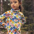 Haut à col roulé pour enfants en coton biologique extensible, motif floral multicolore fantaisie sur l'ensemble