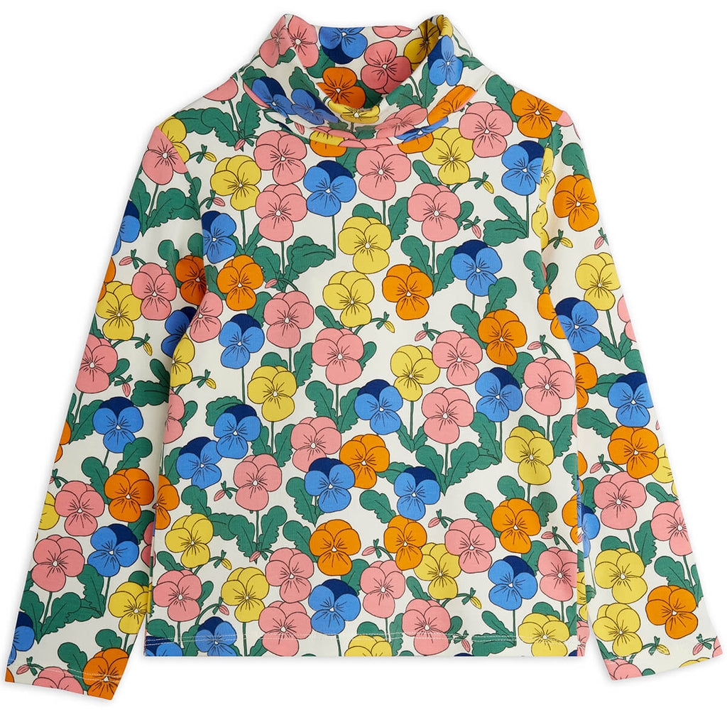 Haut à col roulé pour enfants en coton biologique extensible, motif floral multicolore fantaisie sur l'ensemble