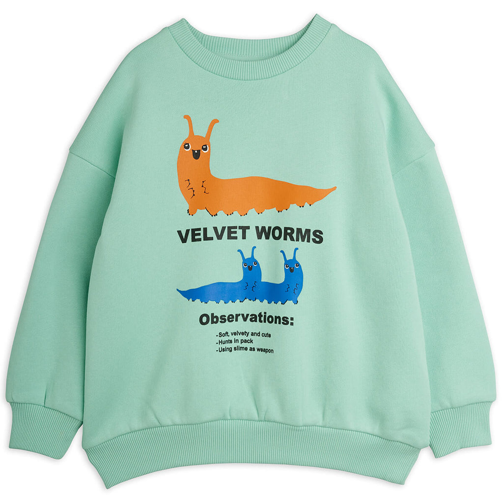 Sweat-shirt décontracté en coton biologique avec imprimé ver de velours vert et bords-côtes pour enfants