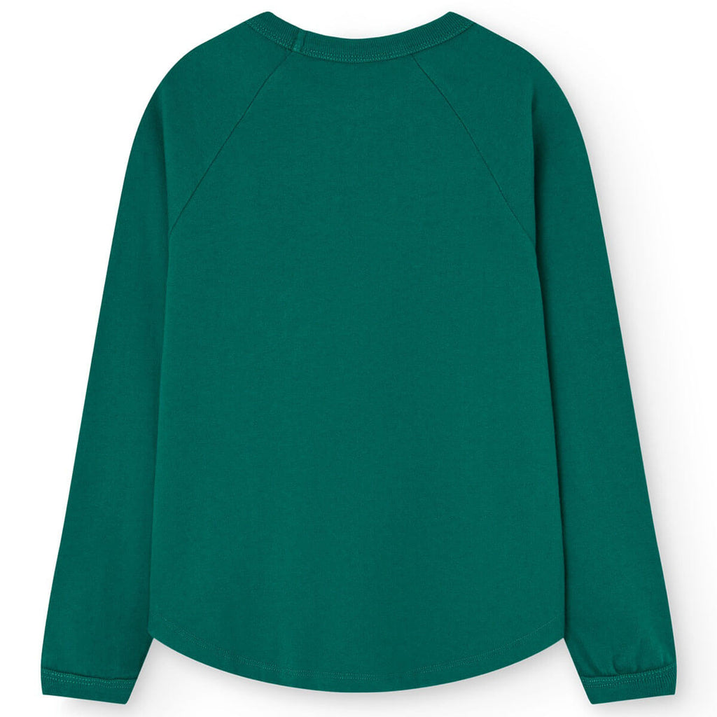 T-shirt à manches longues en coton biologique vert foncé forêt décontracté avec ourlet incurvé pour enfants