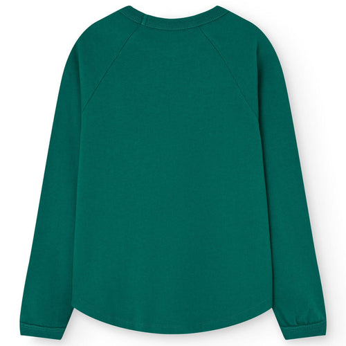 T-shirt à manches longues en coton biologique vert foncé forêt décontracté avec ourlet incurvé pour enfants
