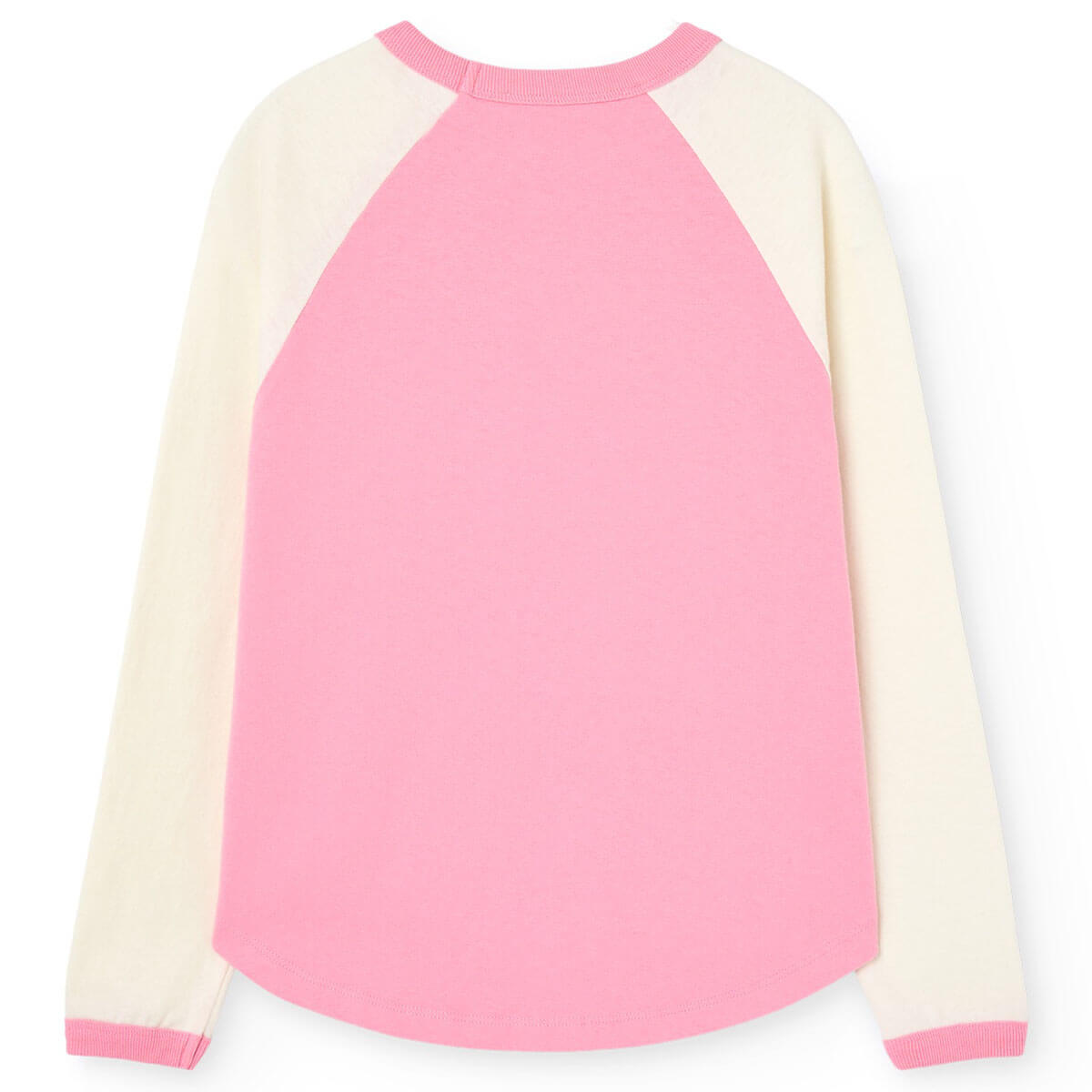 T-shirt à manches longues en coton biologique rose colorblock pour enfant avec détail écusson sur la poitrine et ourlet incurvé