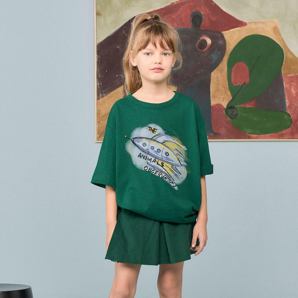 T-shirt surdimensionné en coton biologique avec imprimé fusée vert foncé ludique pour enfants expressifs