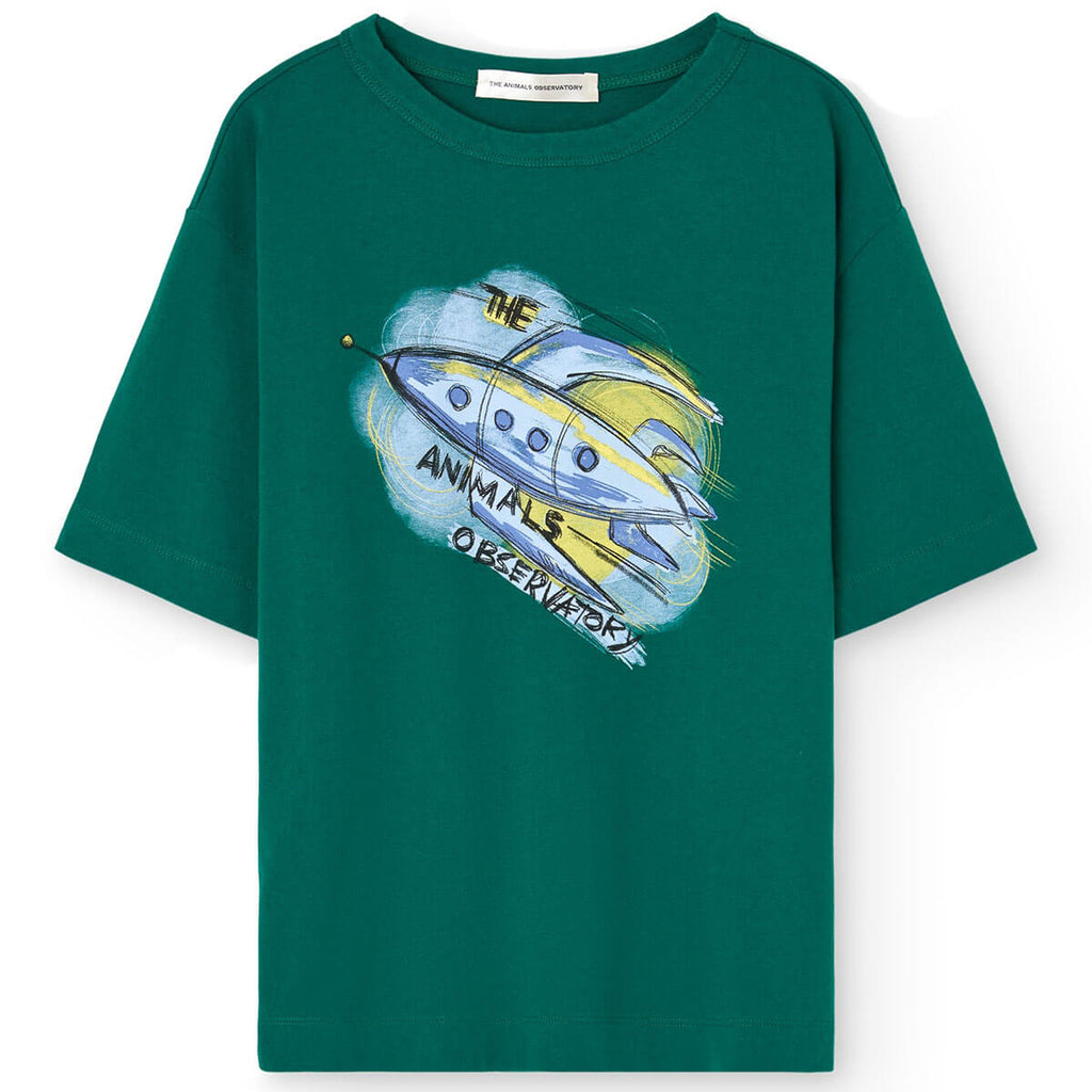 T-shirt surdimensionné en coton biologique avec imprimé fusée vert foncé ludique pour enfants expressifs