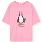 T-shirt oversize en coton biologique à imprimé pingouin rose ludique pour enfants expressifs
