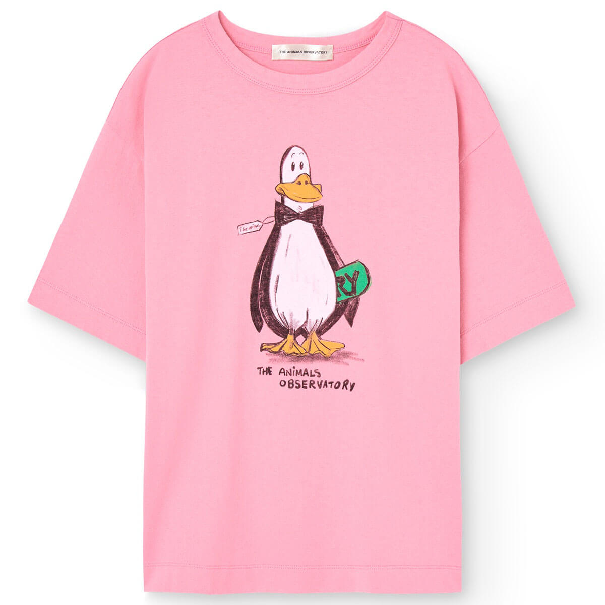 T-shirt oversize en coton biologique à imprimé pingouin rose ludique pour enfants expressifs