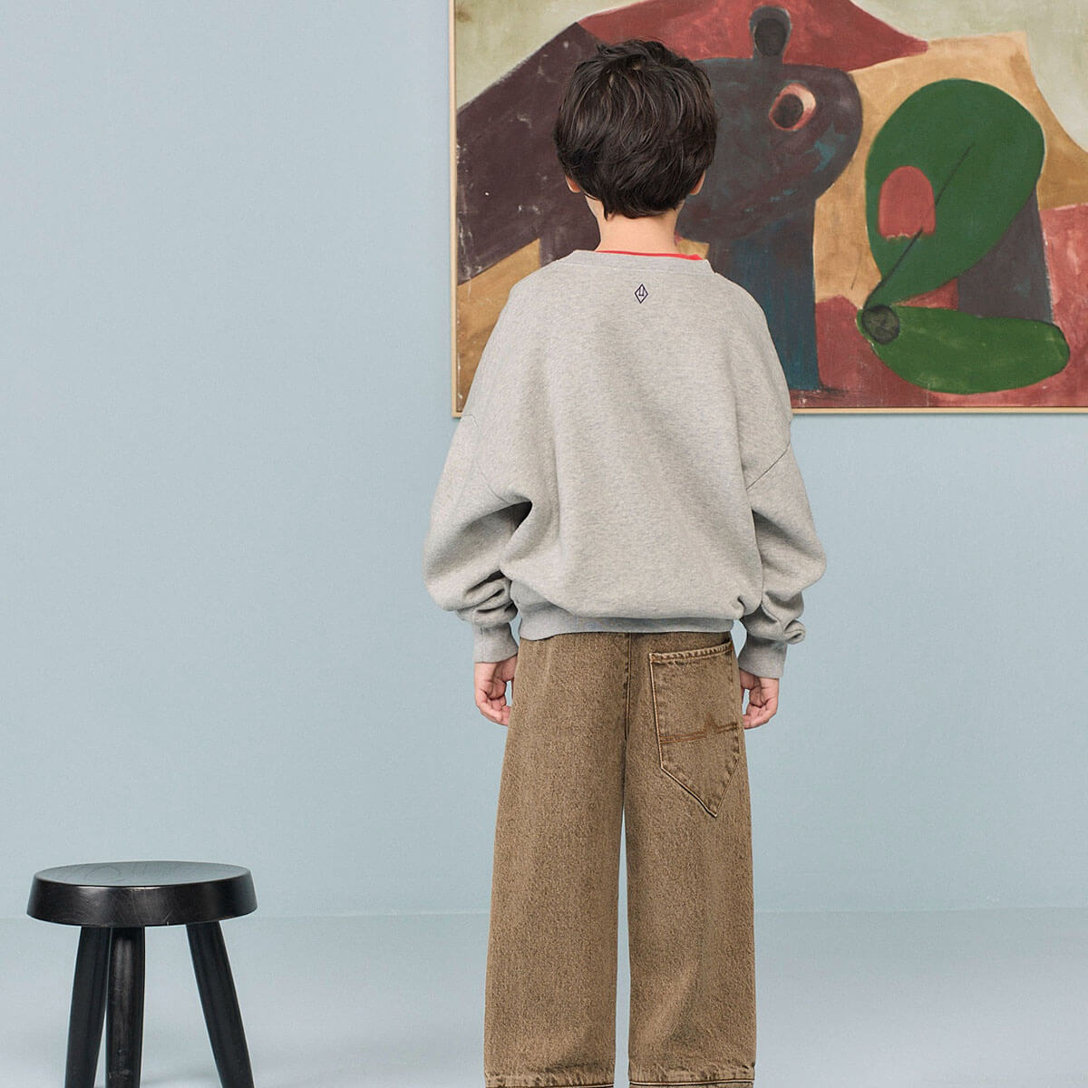 Sweat-shirt en coton gris chiné classique avec imprimé graphique, ourlet et encolure côtelés pour enfants