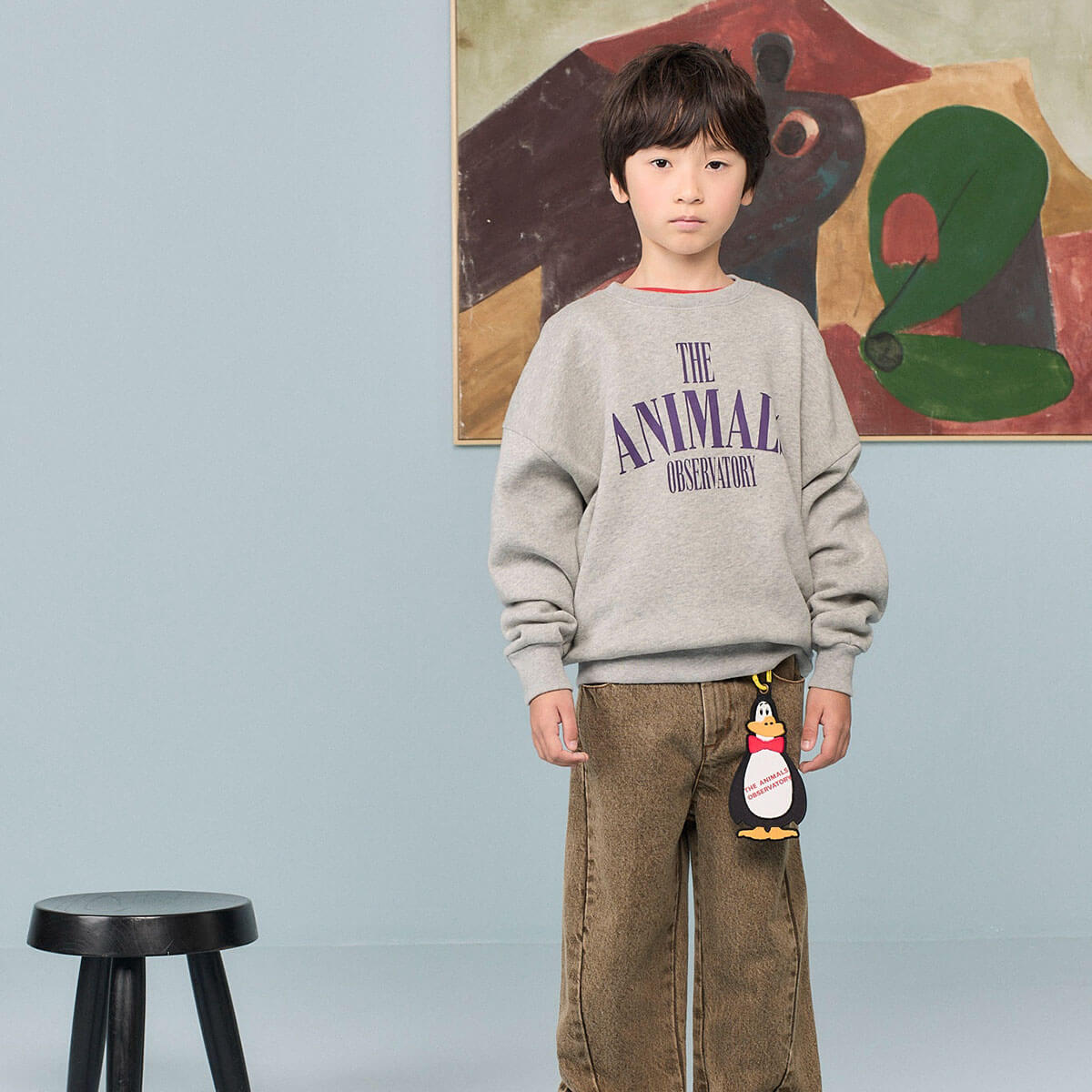 Sweat-shirt en coton gris chiné classique avec imprimé graphique, ourlet et encolure côtelés pour enfants
