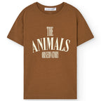 T-shirt enfant minimaliste en coton biologique marron avec logo audacieux et épaules tombantes pour le quotidien