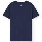 T-shirt enfant en coton bio bleu marine minimaliste avec logo audacieux et épaules tombantes pour un usage quotidien