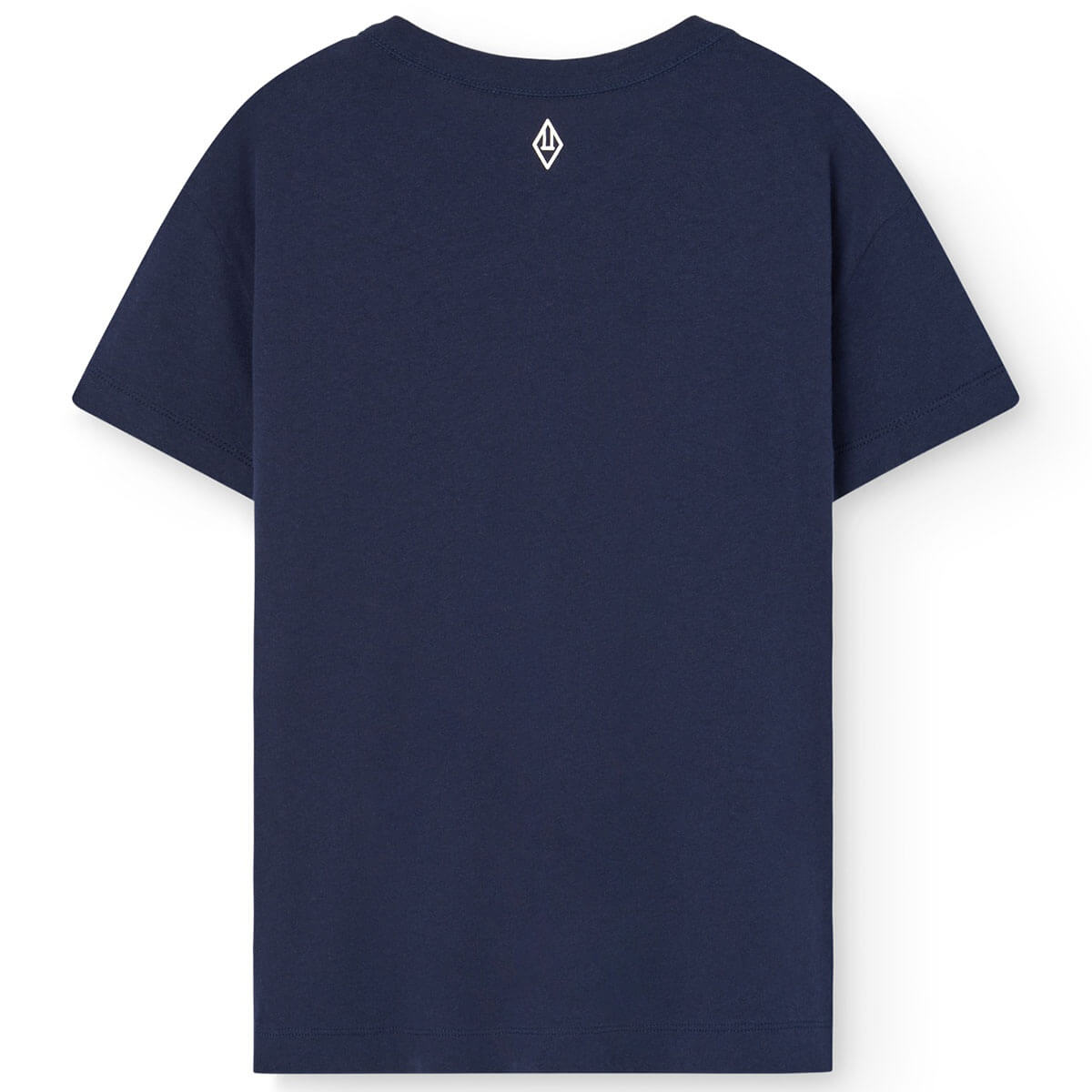 T-shirt enfant en coton bio bleu marine minimaliste avec logo audacieux et épaules tombantes pour un usage quotidien