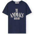 T-shirt enfant en coton bio bleu marine minimaliste avec logo audacieux et épaules tombantes pour un usage quotidien