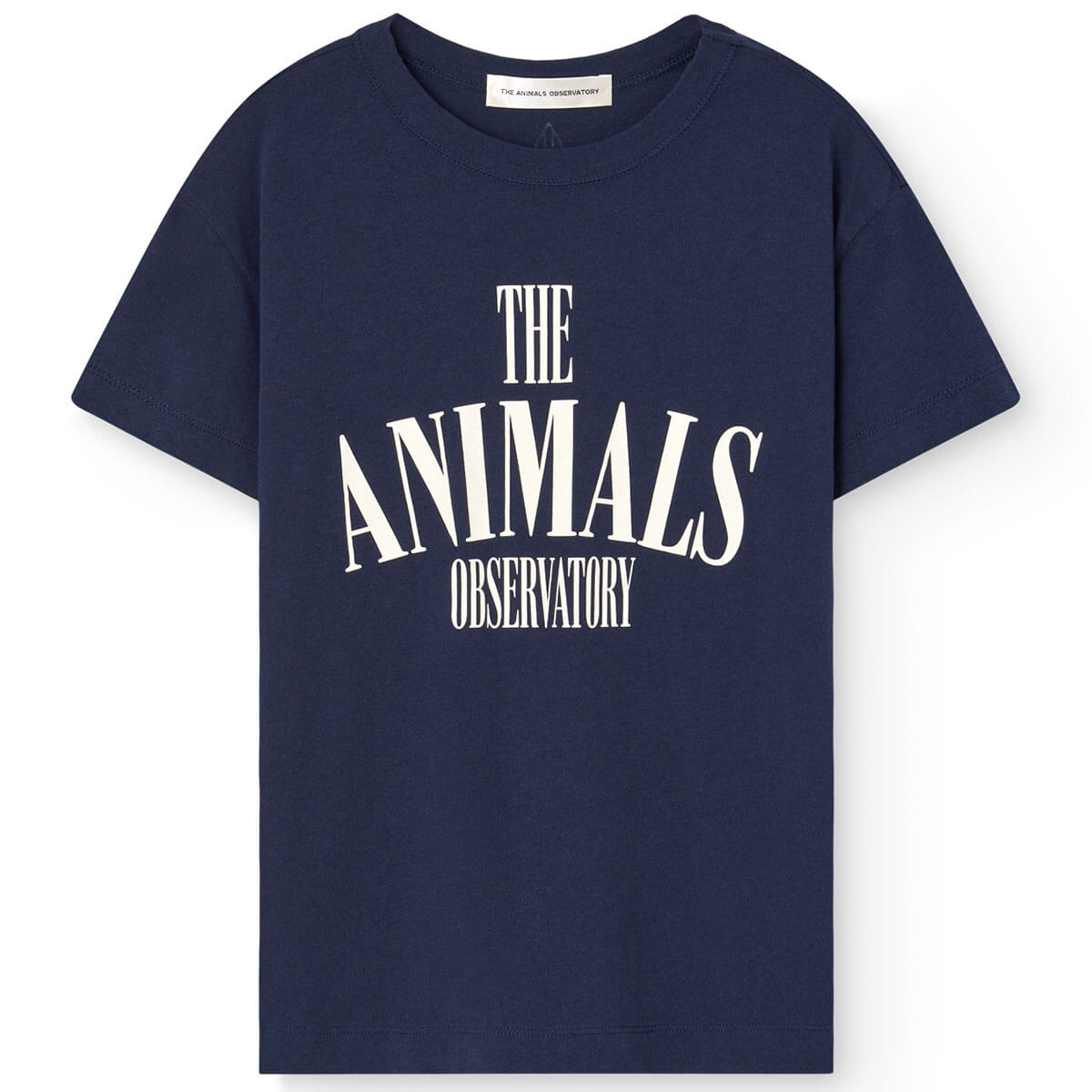T-shirt enfant en coton bio bleu marine minimaliste avec logo audacieux et épaules tombantes pour un usage quotidien