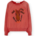 Sweatshirt en coton délavé rouge à imprimé cheval avec coupe décontractée pour enfants aventureux