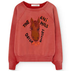 Sweatshirt en coton délavé rouge à imprimé cheval avec coupe décontractée pour enfants aventureux