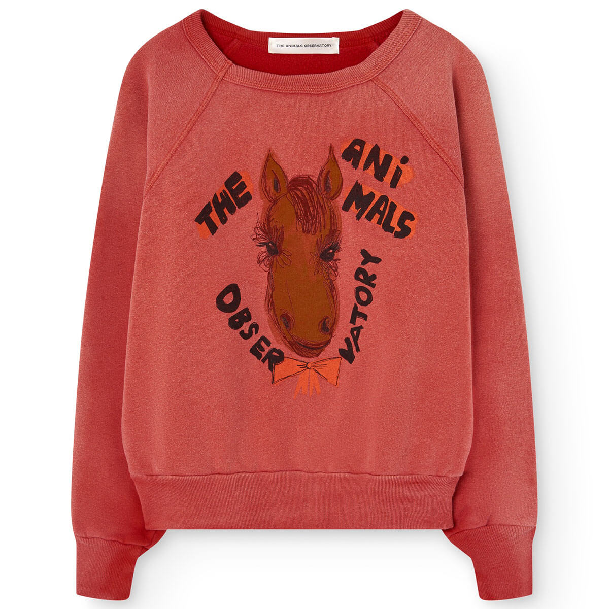Sweatshirt en coton délavé rouge à imprimé cheval avec coupe décontractée pour enfants aventureux