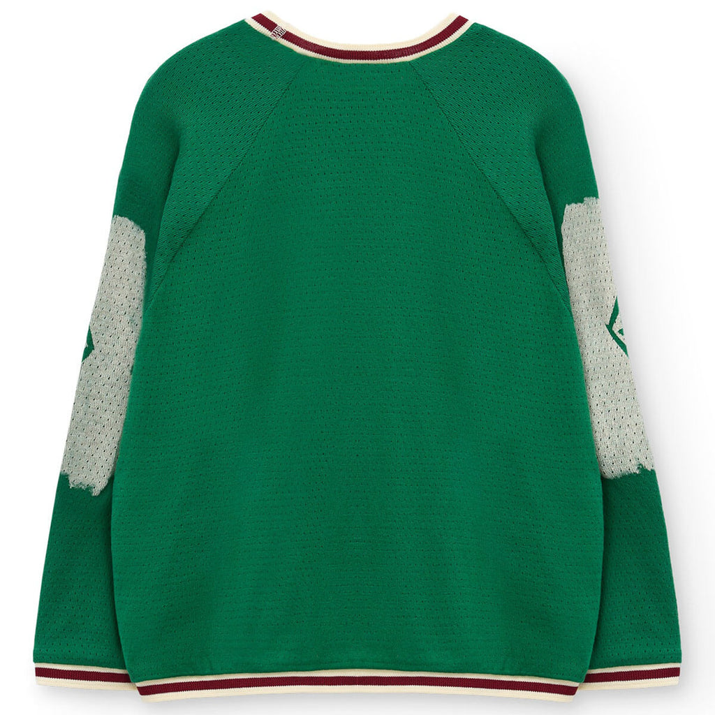 T-shirt à manches longues en coton biologique vert foncé sportif avec motif numérique et bordure rayée contrastante pour enfants