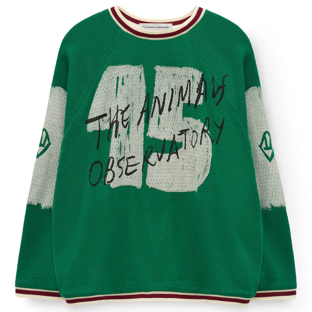 T-shirt à manches longues en coton biologique vert foncé sportif avec motif numérique et bordure rayée contrastante pour enfants