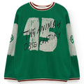 T-shirt à manches longues en coton biologique vert foncé sportif avec motif numérique et bordure rayée contrastante pour enfants