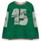T-shirt à manches longues en coton biologique vert foncé sportif avec motif numérique et bordure rayée contrastante pour enfants